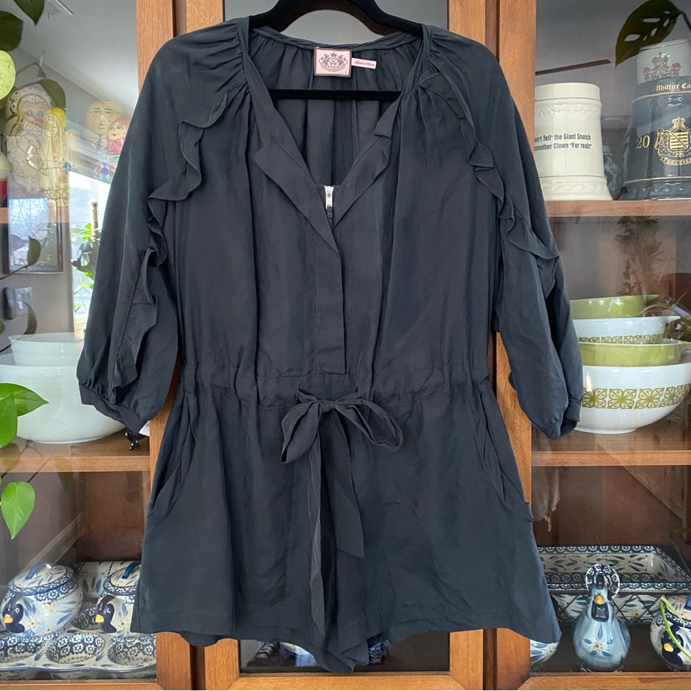 Vintage Y2K Juicy Couture Black 100% Silk 3/4 Sleeve Romper
